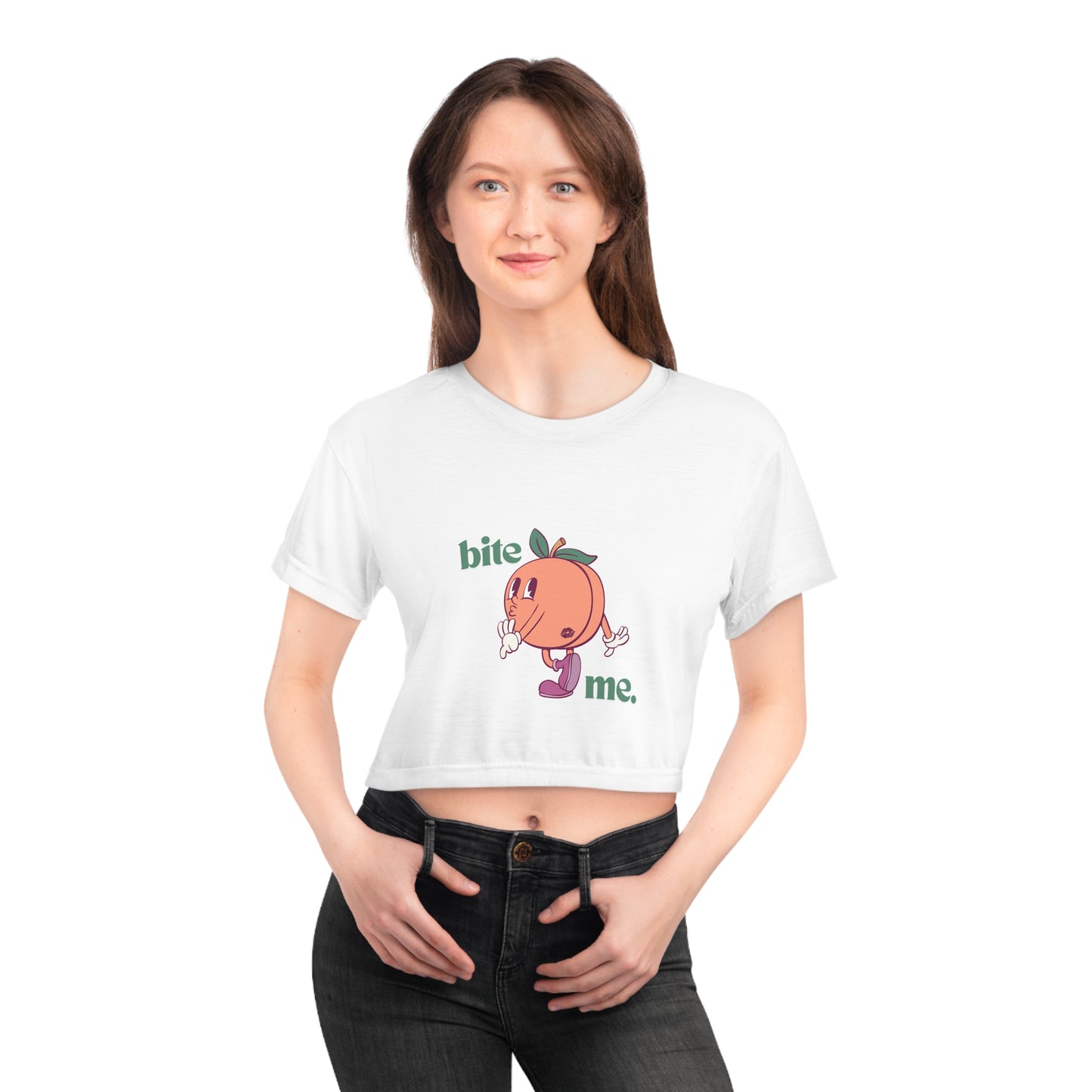 "bite me." Fitted Crop Top - White