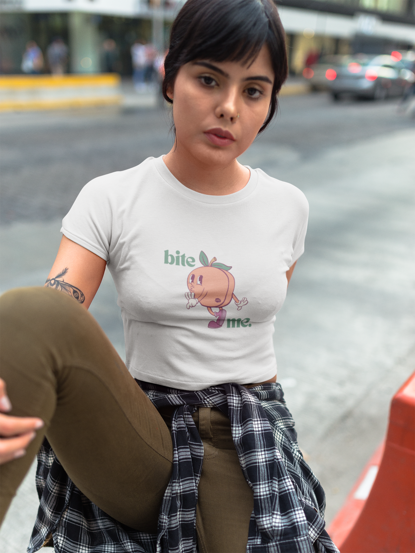 "bite me." Fitted Crop Top - White