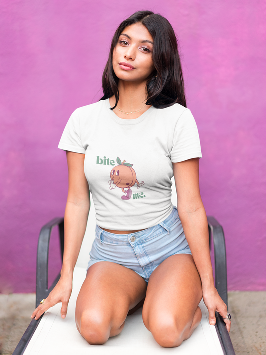 "bite me." Fitted Crop Top - White