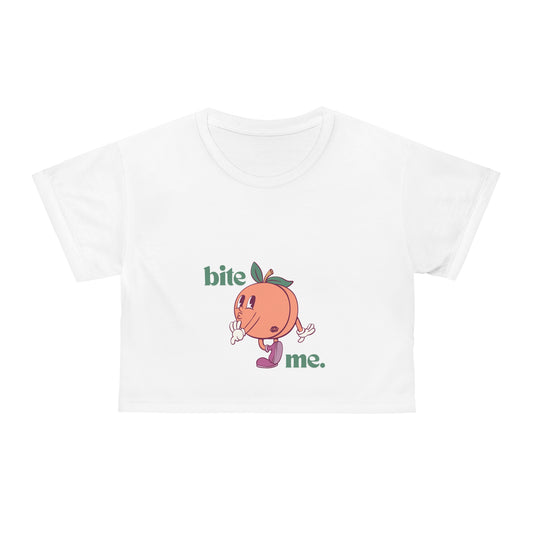 "bite me." Fitted Crop Top - White
